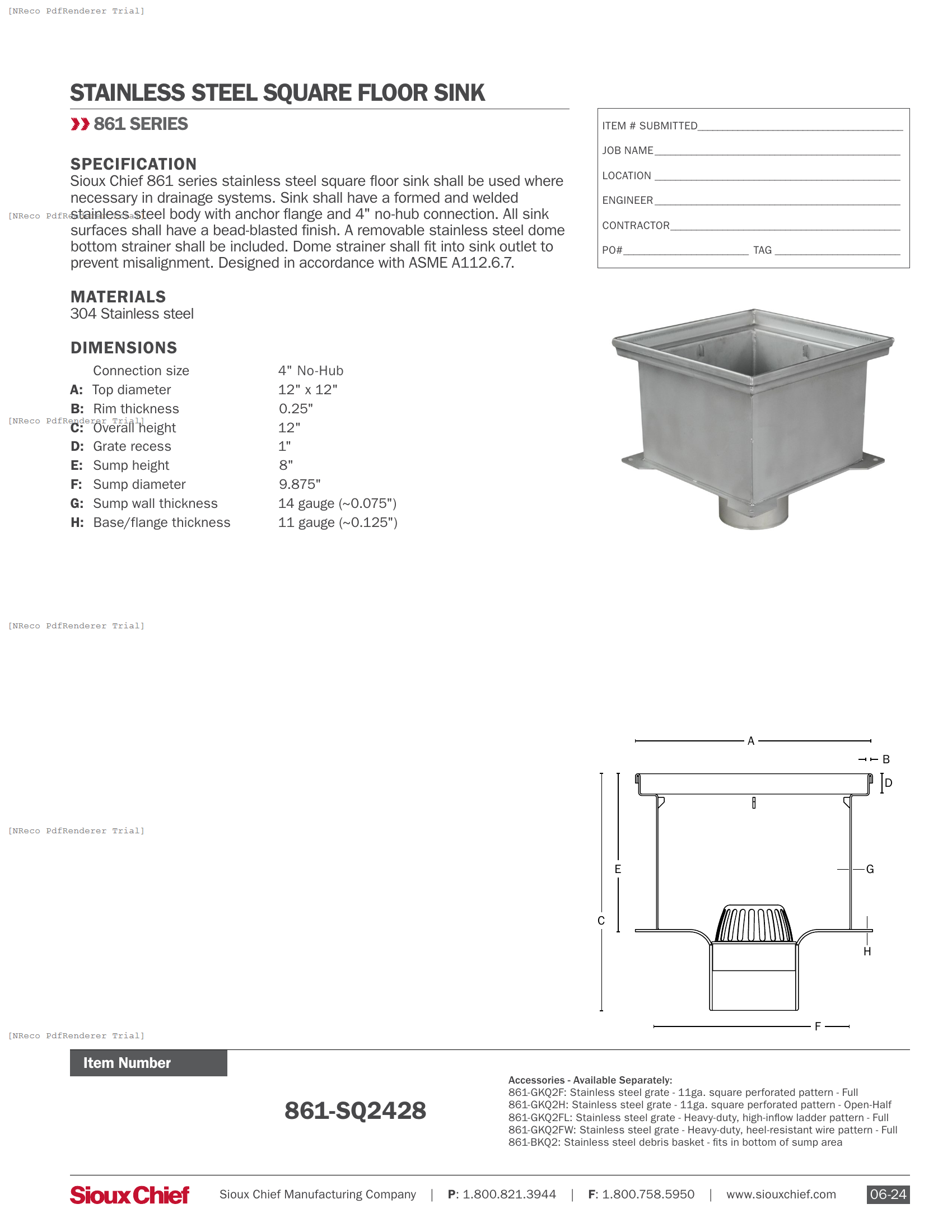 861-SQ2428  - STAINLESS STEEL FLOOR SINK - SPEC SHEET.PDF Specification Document